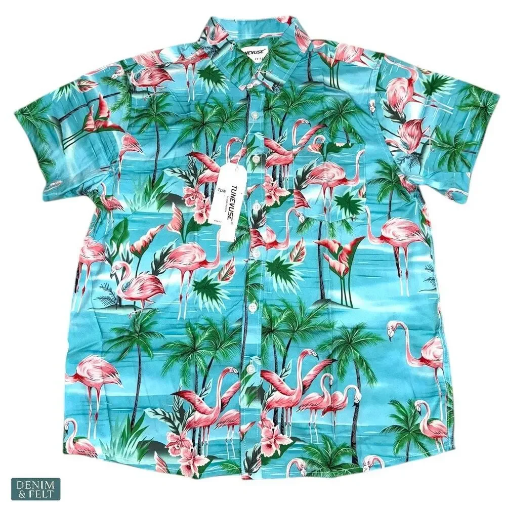 TUNEVUSE Boys Flamingo‎ 3pc Cabana Set Shirt Shorts Hat Beach Vacation NEW~NWT!!